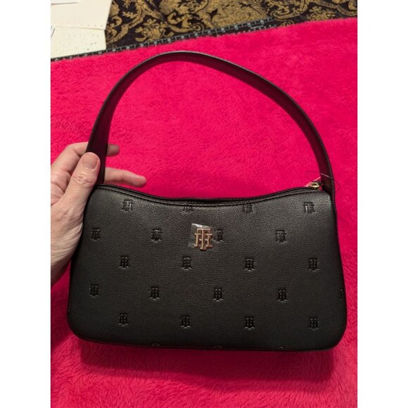 Tommy Hilfiger Black Monogram Shoulder Bag Purse XW06255 Embossed Logo NWT - Picture 1 of 8